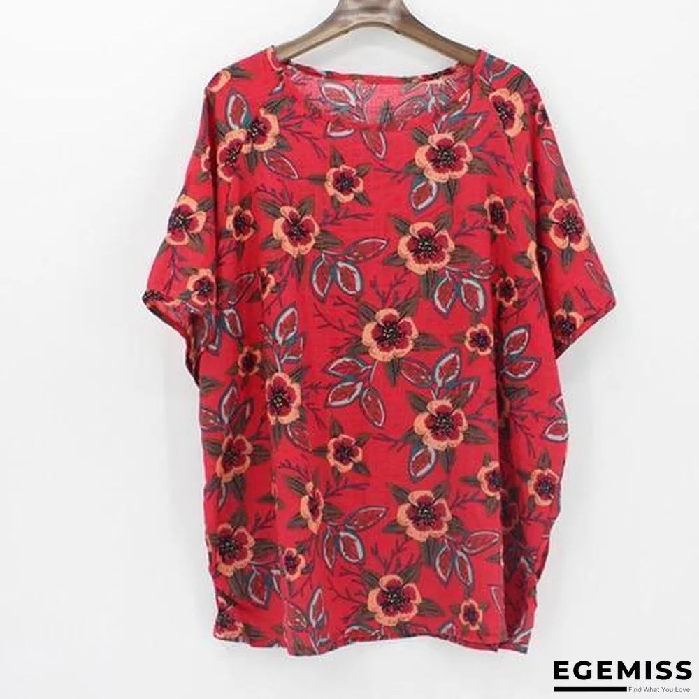 4XL Plus Size Women Batwing Casual Tops Tees Floral Print Cotton Linen Blouses | EGEMISS