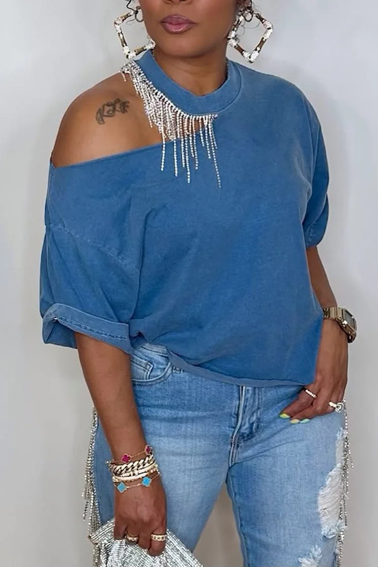 Plus Size Daily Blue Casual Round Neck Short Sleeve Cut Out Strappy T-Shirts [Pre-Order] 2024 - Xpluswear