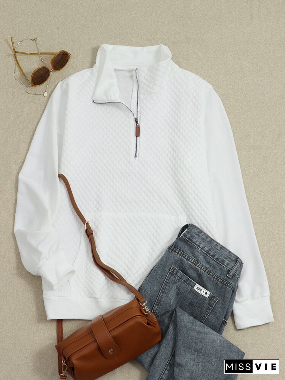 Solid Zip Front Pocket Long Sleeve Lapel Women Sweatshirt