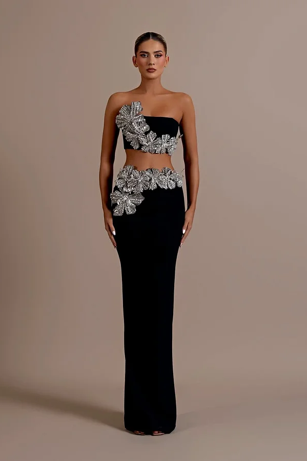 Lisliy Black Sleeveless Strapless Square Mermaid Beads Prom Dress 