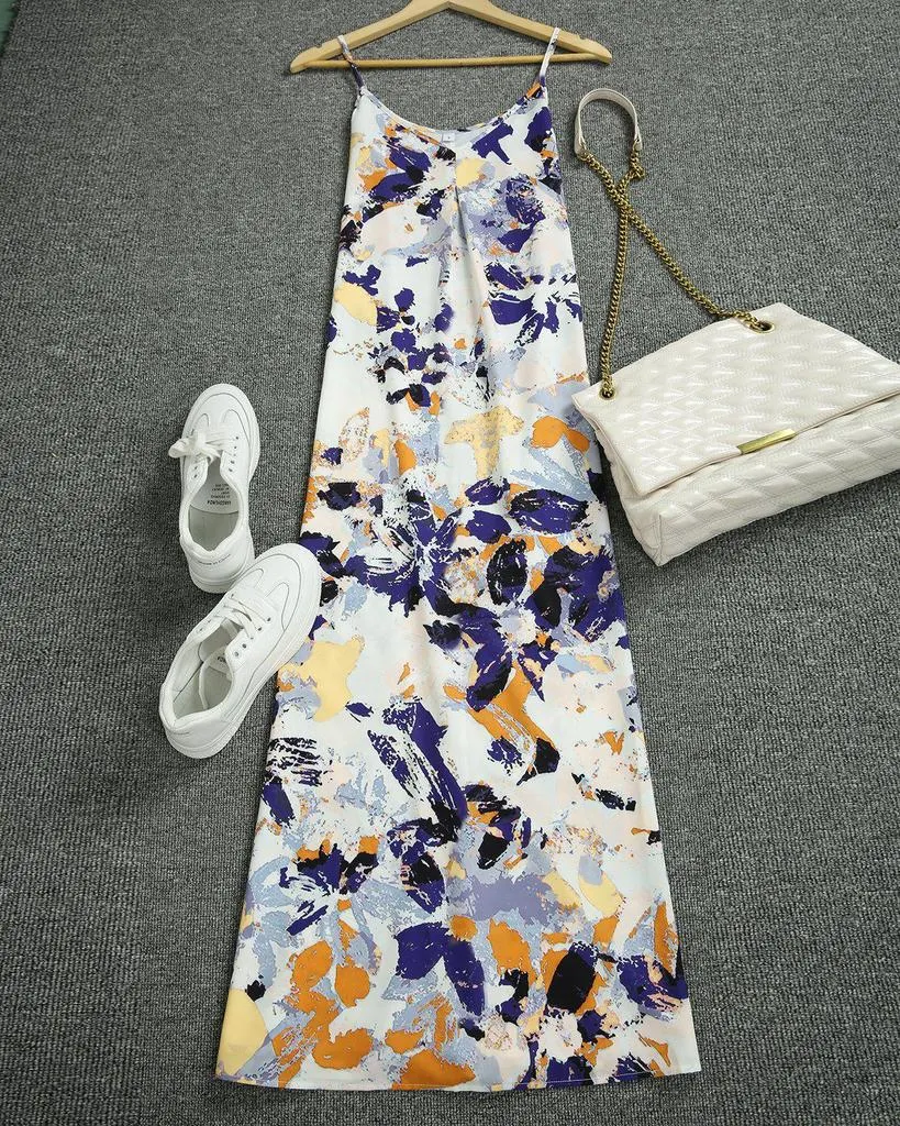 Elegant Spaghetti Straps V-Neck Printed Maxi Dress-vocosishoes