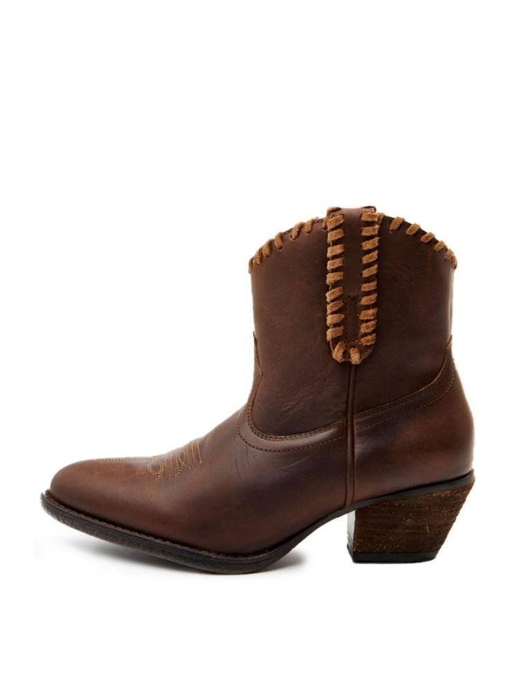 Brown Stitch Zip Round Toe Slanted Mid Heel Western Ankle Boots