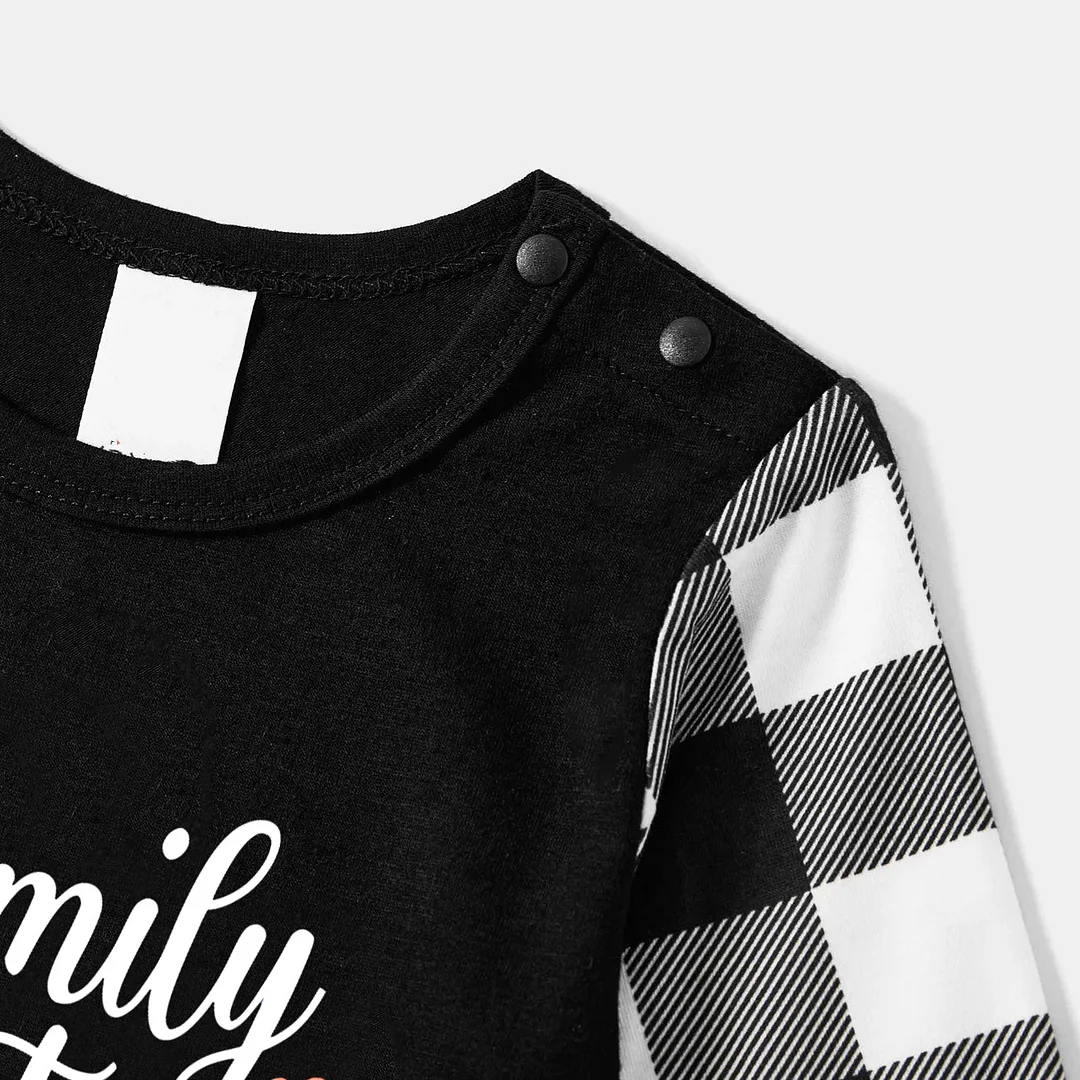 "Family Christmas" 2024 Black Long Sleeve Top with Black And White Plaid Pants Family Matching Pajamas
