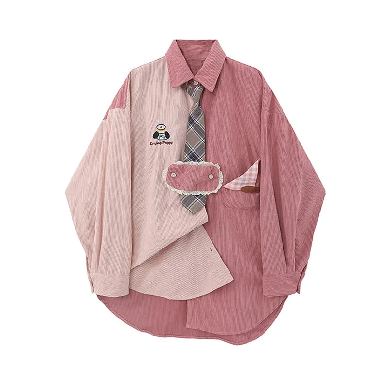 Huiketi Women Pink Patchwork Shirts and Blouses Korean 2000s Harajuku 90s Vintage Elegant Streetwear Long Sleeve Two-tone Shirt Clothes