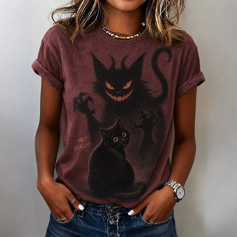 Women's Retro Halloween Me Really? Cat Print Casual T-shirt artswardrobe