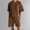 Men's Casual Loose-Fit Solid-Color Crewneck T-Shirt & Shorts Two-Piece Athletic Set by Inlyline