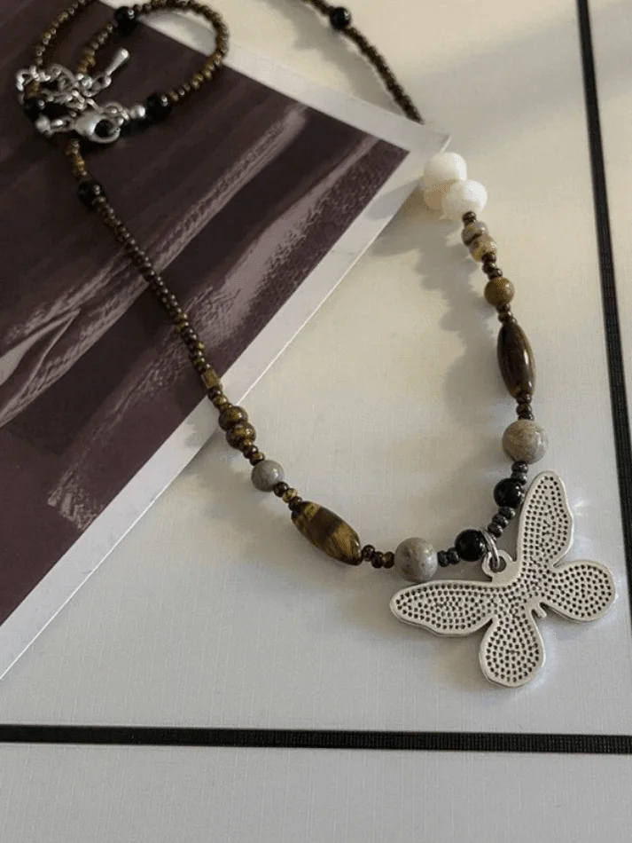 Brownm Vintage Beads Stone Butterfly Necklace