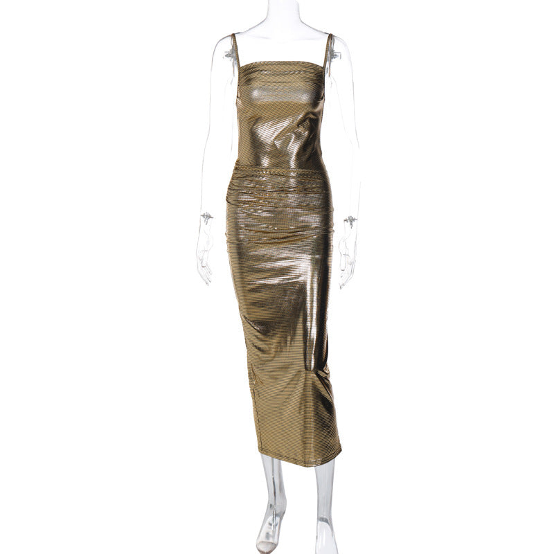 Summer Women  Clothing Solid Color Plaid Gilding Elegant Slim Strap Dress