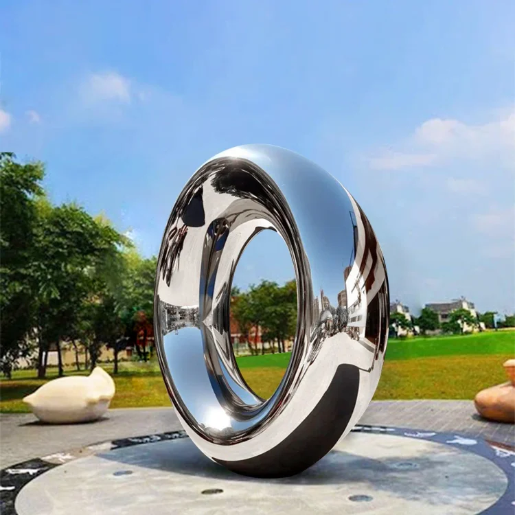 Large Circular Mirror Polished Stainless Steel Landscape Sculpture