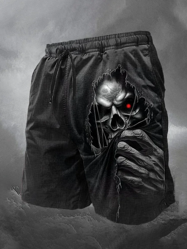 Men's Skull Print Gothic Linen Blend Casual Shorts