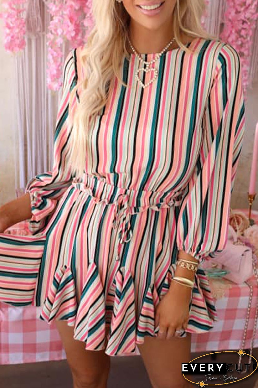 Striped Print Ruffled Lace-up High Waist Mini Dress