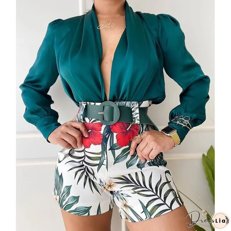 Spring Women's Casual Suit V-Neck Long Sleeve Solid Color Shirt Top Printed Shorts Two-Piece Set