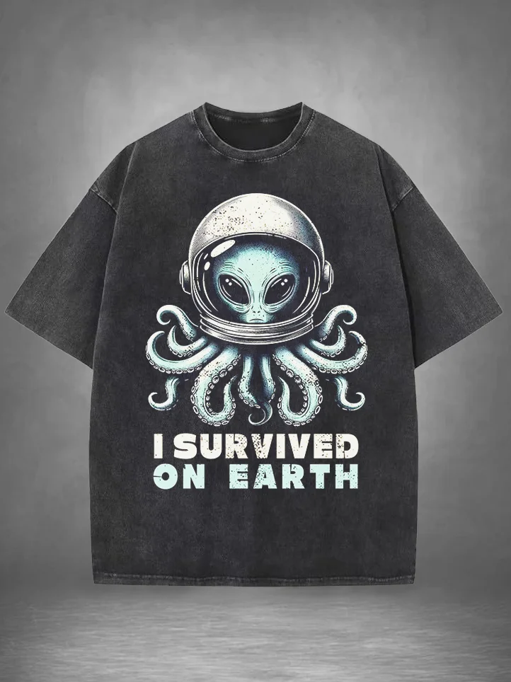 Men's I Survived On Earth Print Cotton Washed T-Shirt