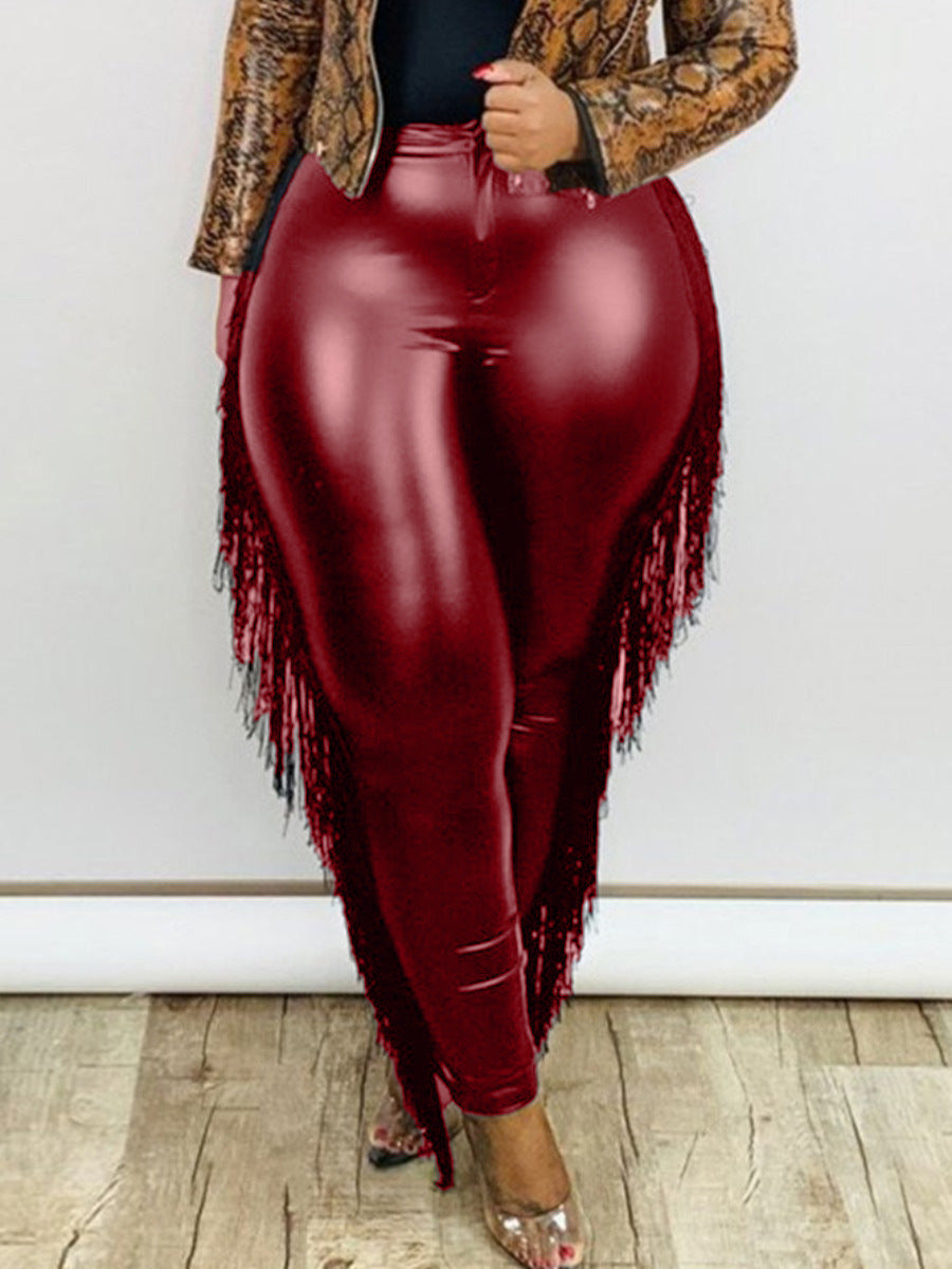 Plus Size High Waist Slim Sexy Fringed Sheath Ninth  Leather Pants