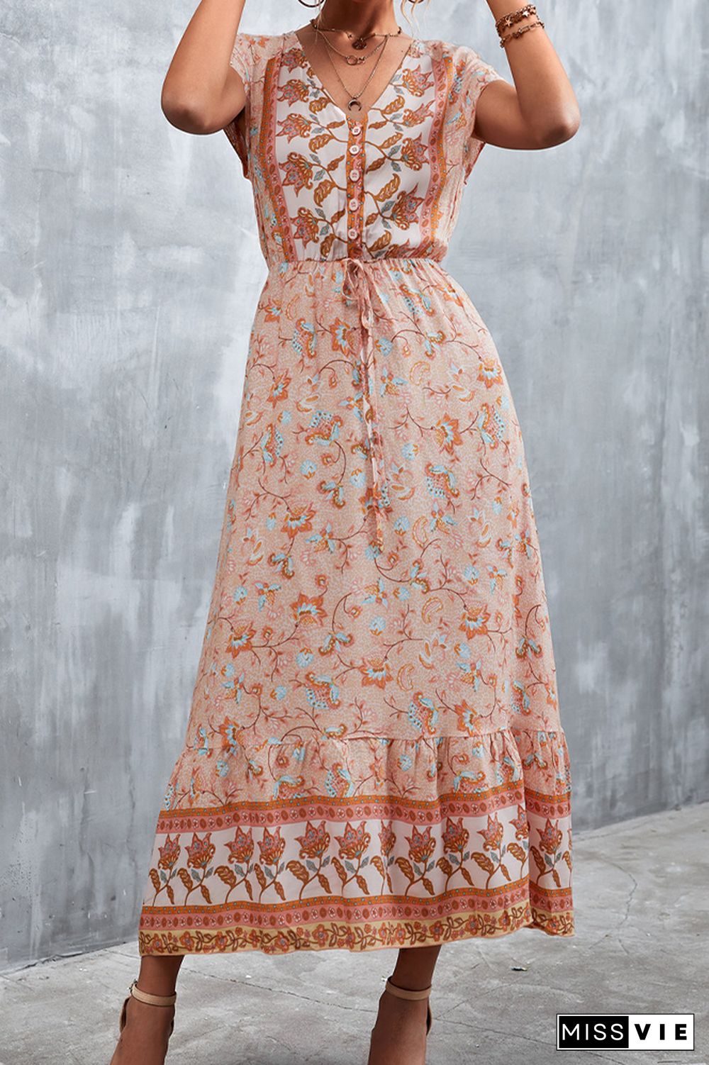 Floral Print Short Sleeve Long Dress Wholesale