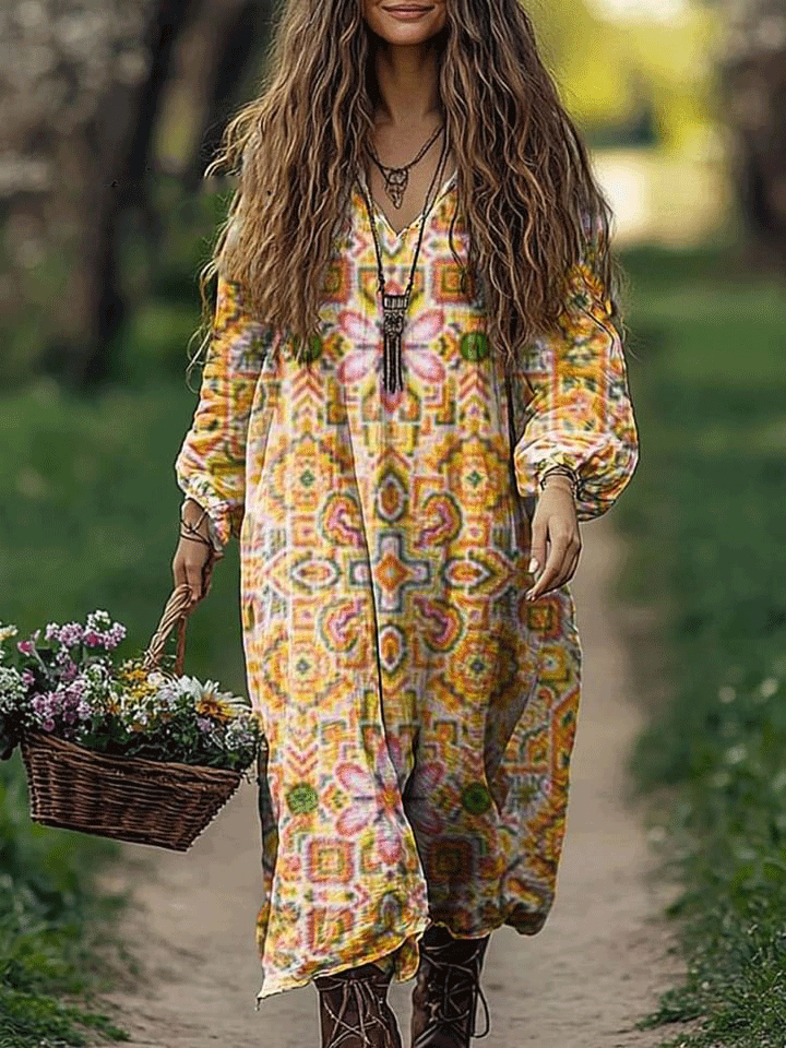 Women's Bohemian Art Print Pocket Cotton V Neck Long Sleeve Dress