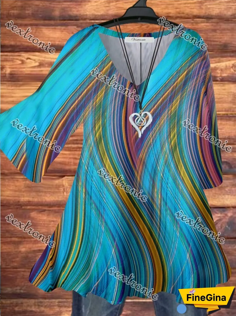 Women Half Sleeve V-neck Colorblock Striped Printed Top Dress