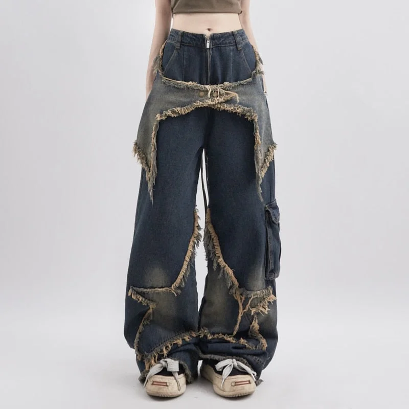 Sonicelife 2023 Autumn New Fall Outfits Women Blue Jeans Contrasting Colors High Waist American Street Wide Leg Pants Fashion Hip Hop Vintage Straight Autumn Trousers