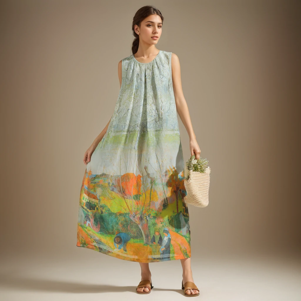 Robe genou fleurie sans manches Pure Ramie Vacances- SOIE PLUS
