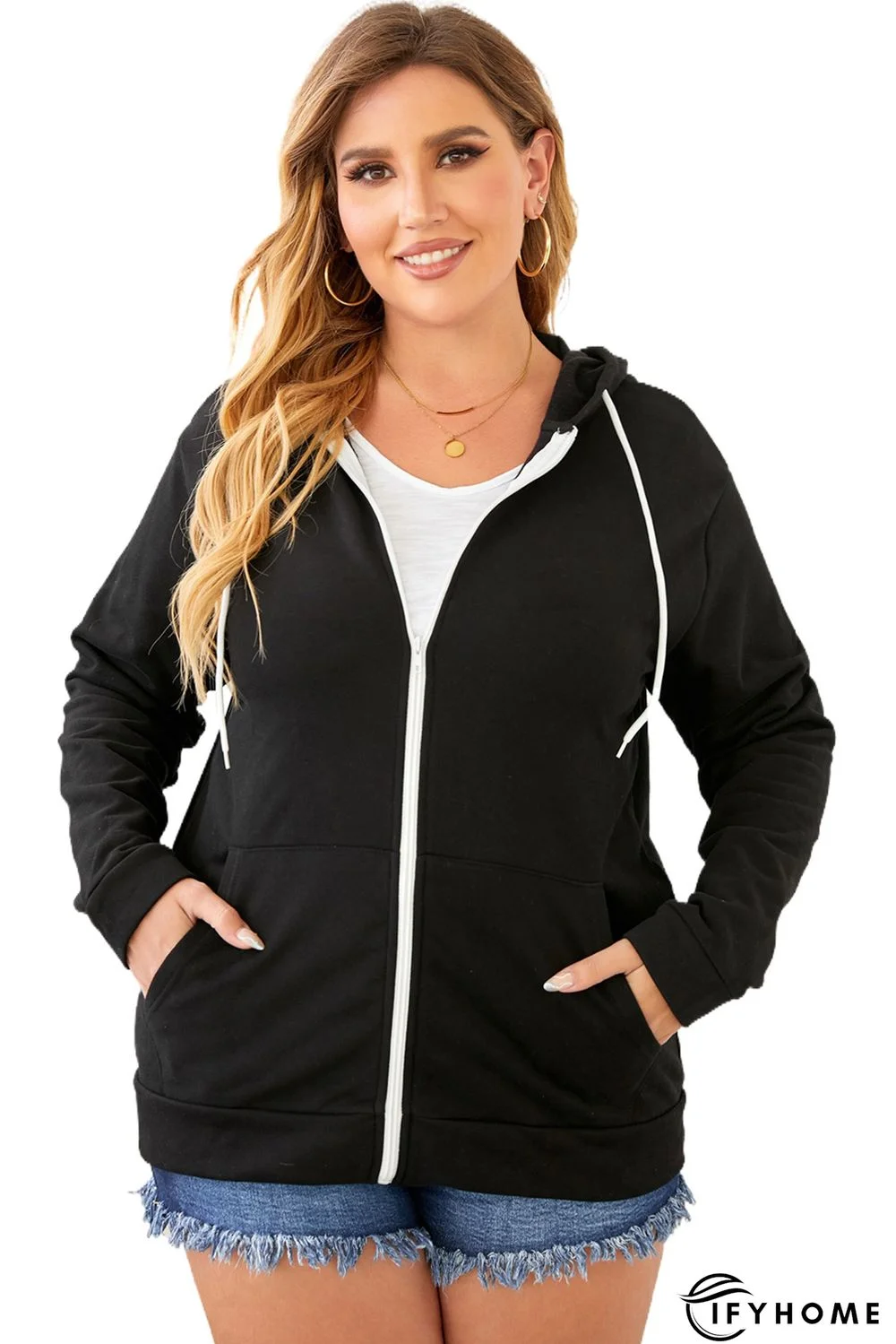 Black Blue Blue Plus Size Zipper Down Hooded Coat with Pocket | IFYHOME