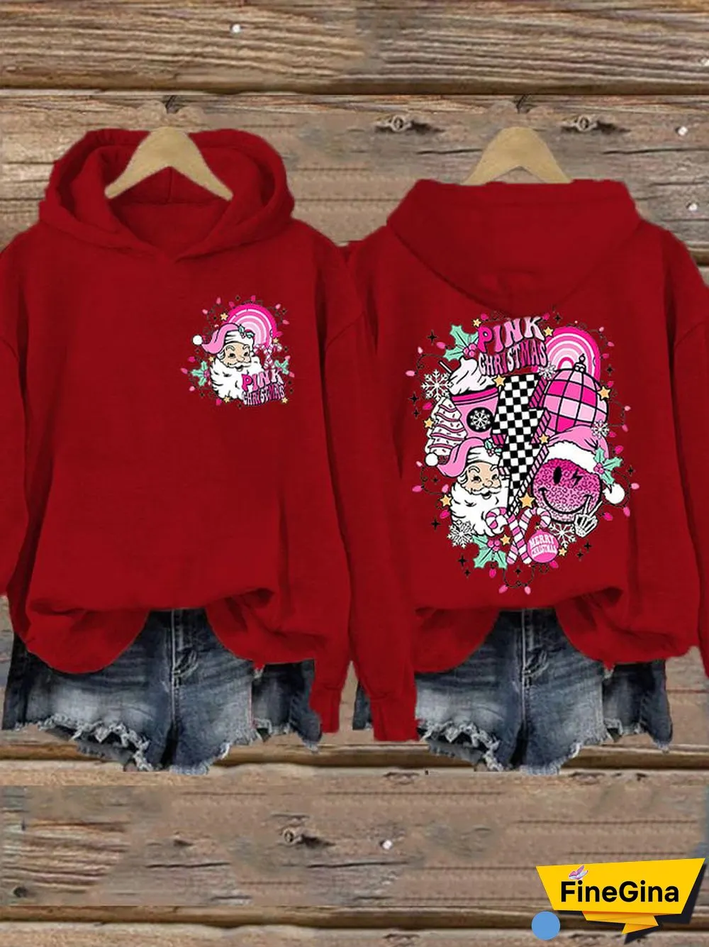 Women&rsquo;s Merry Christmas Retro Pink Christmas Pink Santa Claus Printed Hoodie