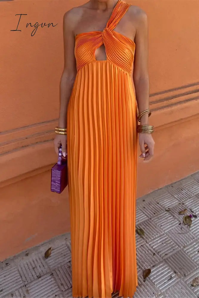 Sexy Solid Backless Pleated Oblique Collar Dresses Orange / S Dresses/Maxi