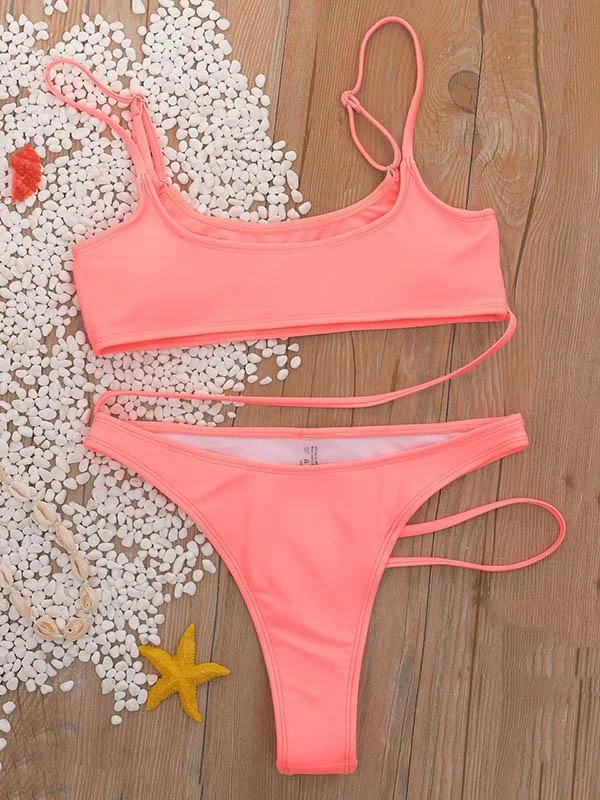 Solid Color Hollow Bandage One-Piece Swimwear