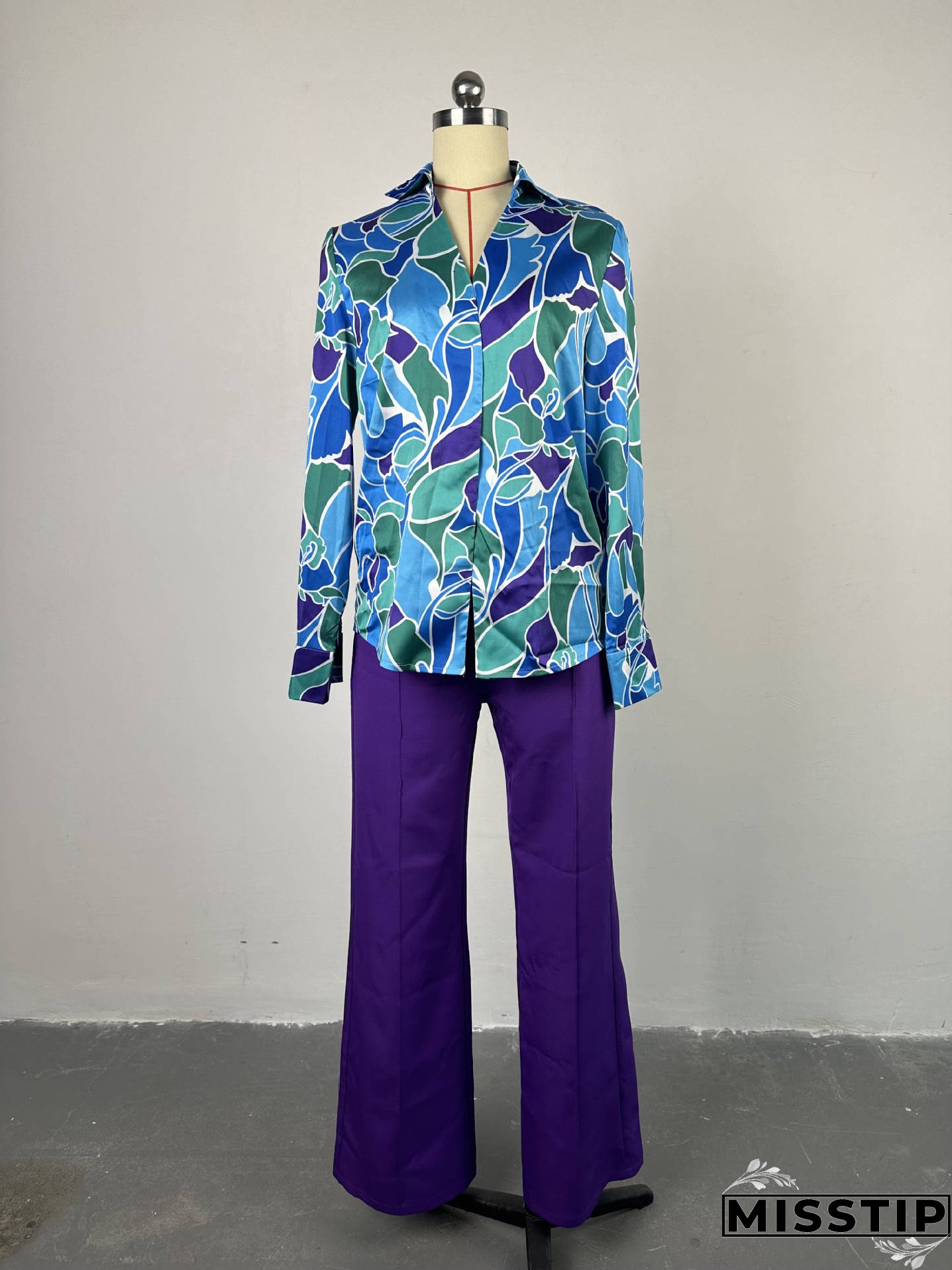 Women Chic printed long-sleeved shirt and wide-leg trousers Casual two-piece set