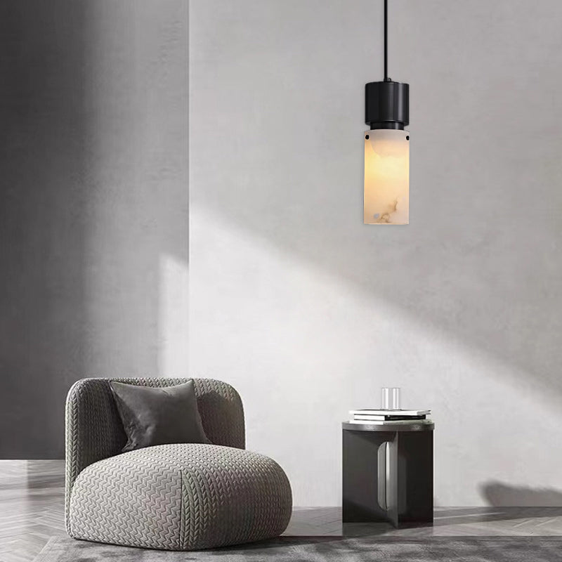 Traditional Chinese Copper Marble Cylinder 1-Light Pendant Light For Bedside