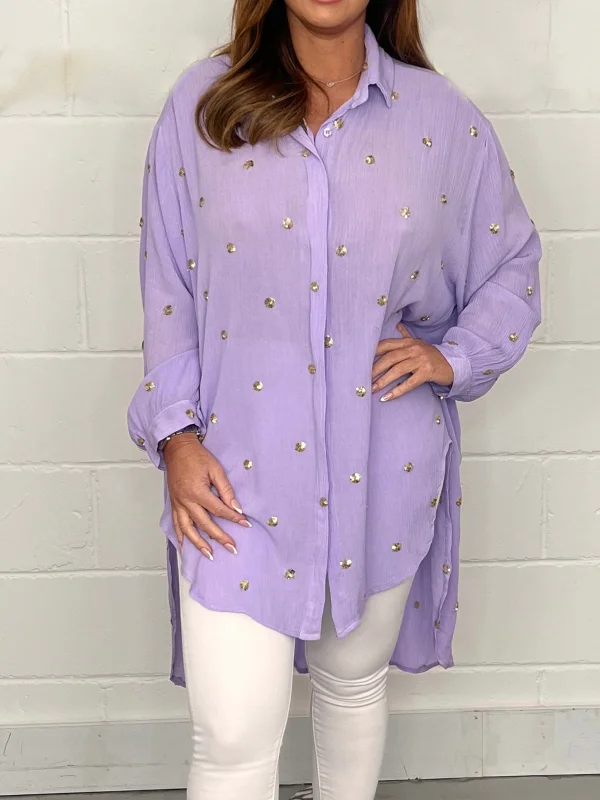 Women's Gold Polka Dot Print Long Sleeve Top
