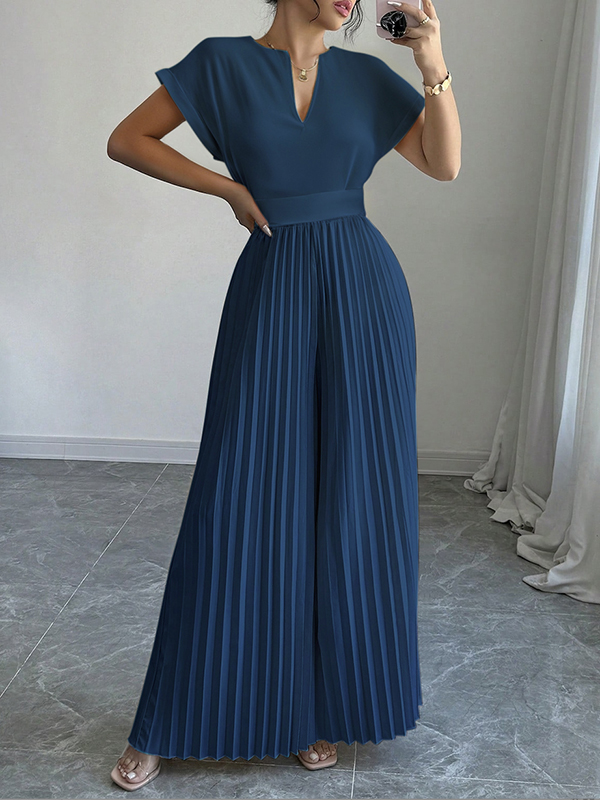 Loose Short Sleeves Pleated Solid Color Split-Joint V-Neck Jumpsuits NAVY BLUE-S