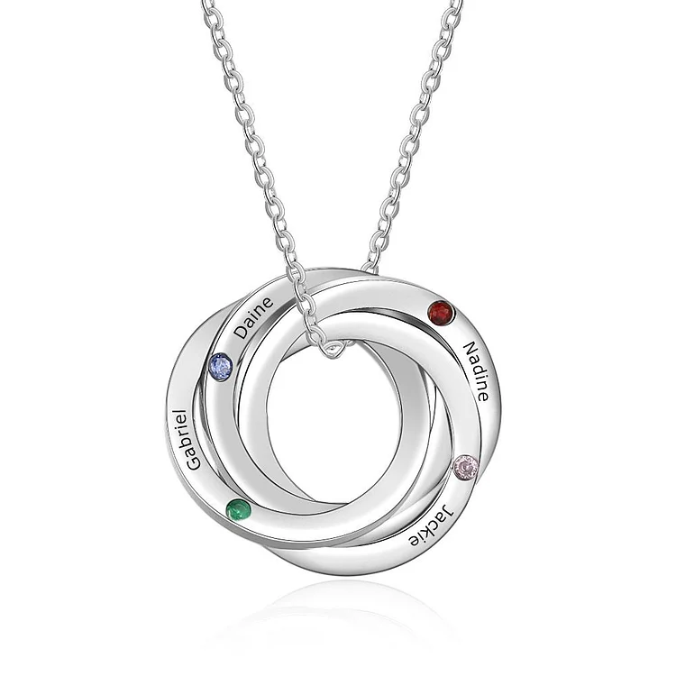 Personalized Russian Ring Necklace with 4 Stones Engraved 4 Names Interlocking Rings Necklace Gift For Mother