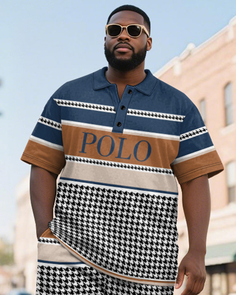 Men's Plus Size Daily Blue Houndstooth Patchwork Letter Print Short Sleeve Polo Shirt Shorts Suit