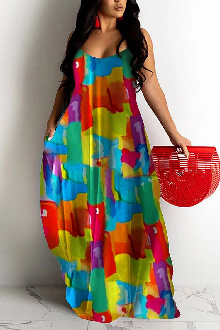 Xpluswear Plus Size Multicolor Boho Cami Sleeveless Peplum All Over Print With Pockets Maxi Dress 