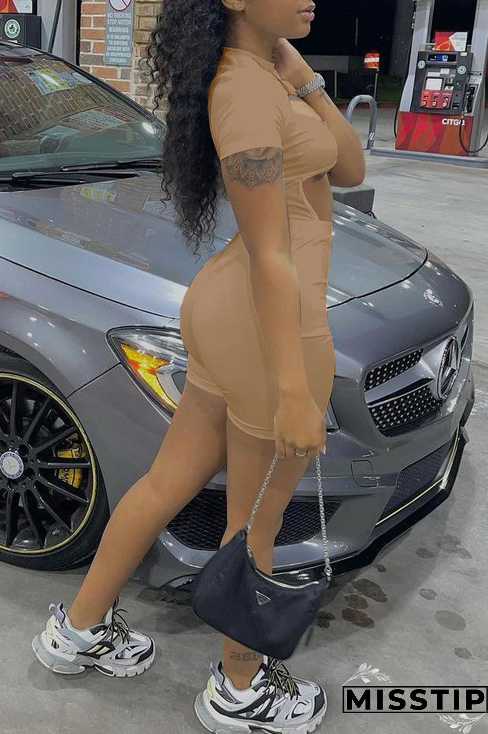 Khaki Sexy Solid Hollowed Out Half A Turtleneck Short Sleeve Two Pieces