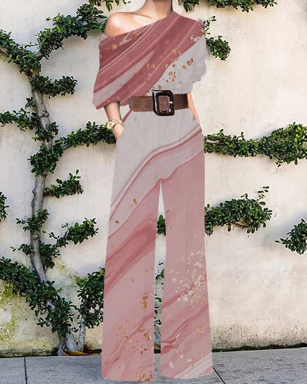 Fashion Print One Shoulder Holiday Casual Jumpsuit