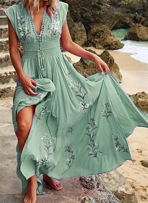 Floral V-Neckline Cap Sleeve Maxi X-line Dress