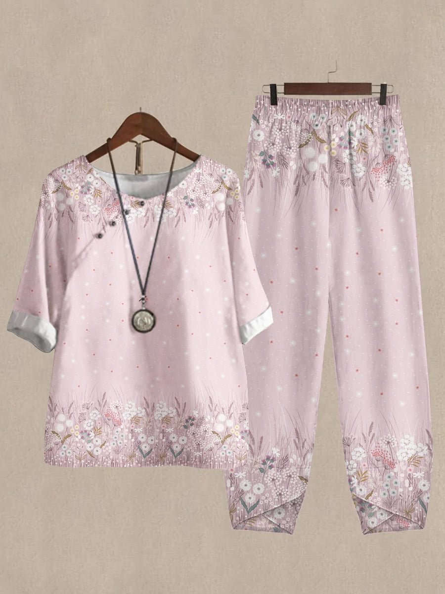 Linen Casual Women's Floral Print Two Pieces Set