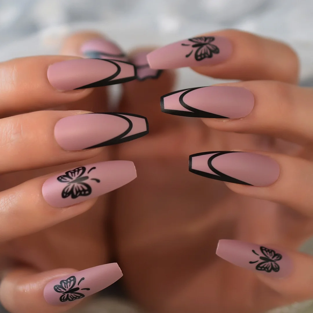 Long Ballerina Pre-designed Fake Nails Matte Butterfly Press On Nails Decal Coffin Shape Purple False Nail-Nail Inspo