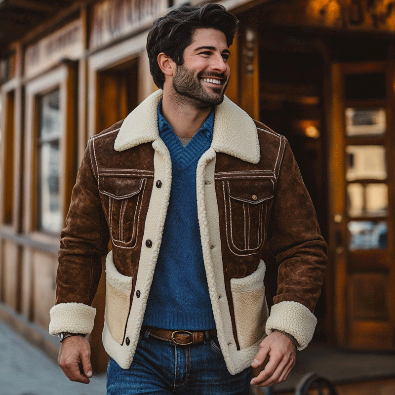 Men's Vintage Outdoor Suede Spliced Pocket Flip Collar Lamb Wool Khaki Jacket-inspireuse