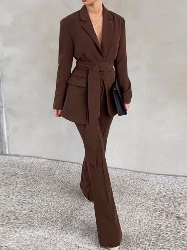 Solid Color Elegant Tie Waist Blazers Two Pieces Suit For Women SKUJ10227 QueenFunky