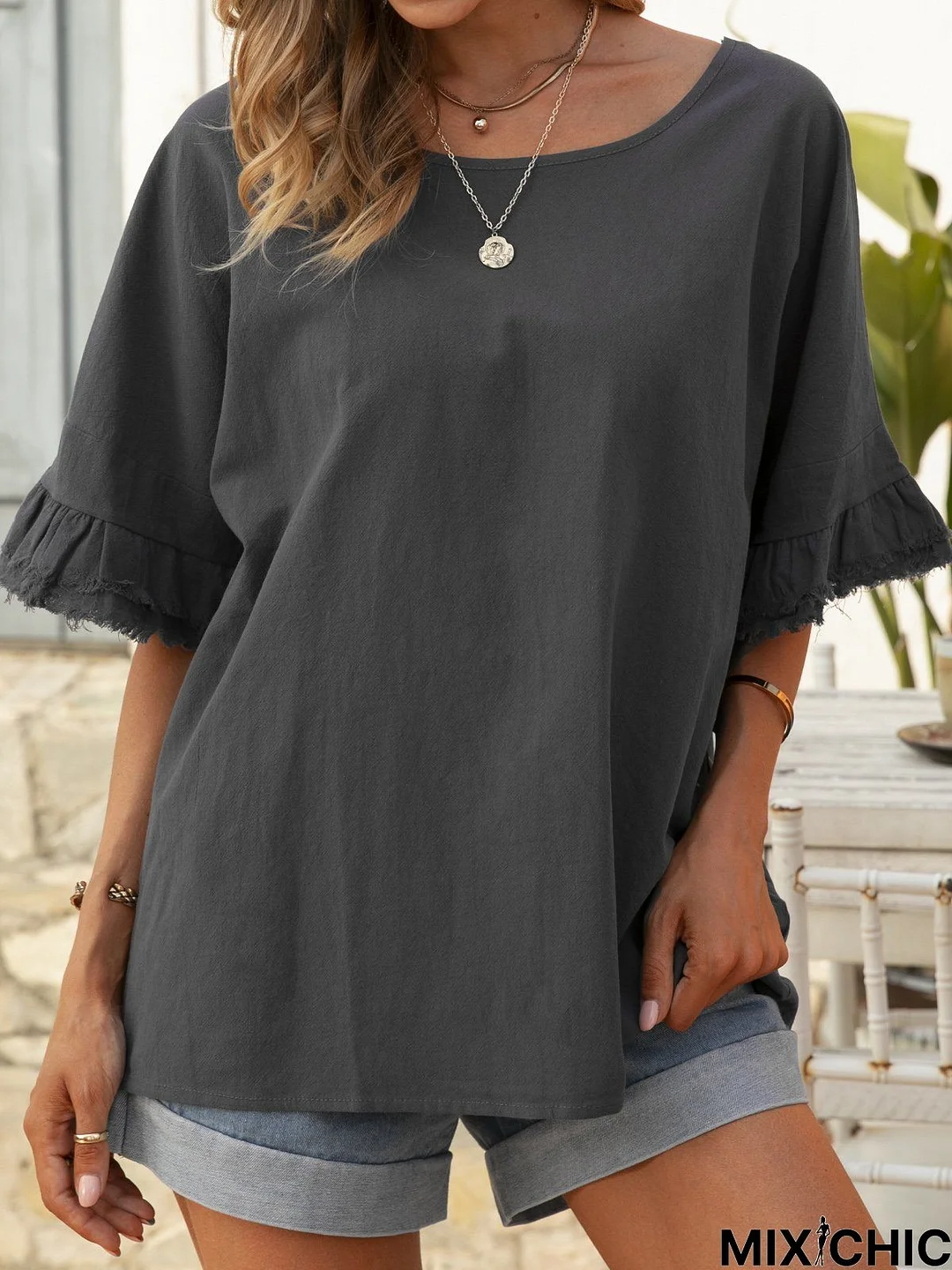 Plain Paneled Short Sleeve Tops