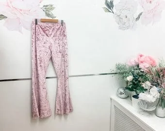 Pornhint Crushed velvet bell bottom flared pants, extra high rise flares, pink velvet