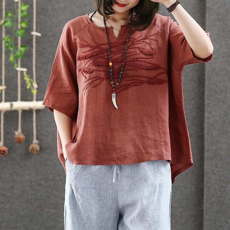 Women Vintage Embroidery Cotton Linen Tee T-shirt