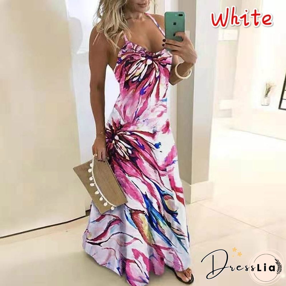 Plus Size Fashion Clothes Summer Dresses Women's Casual Sleeveless Halter Party Dress Ladies Deep V-neck Floral Printed Beach Wear Maxi Dress