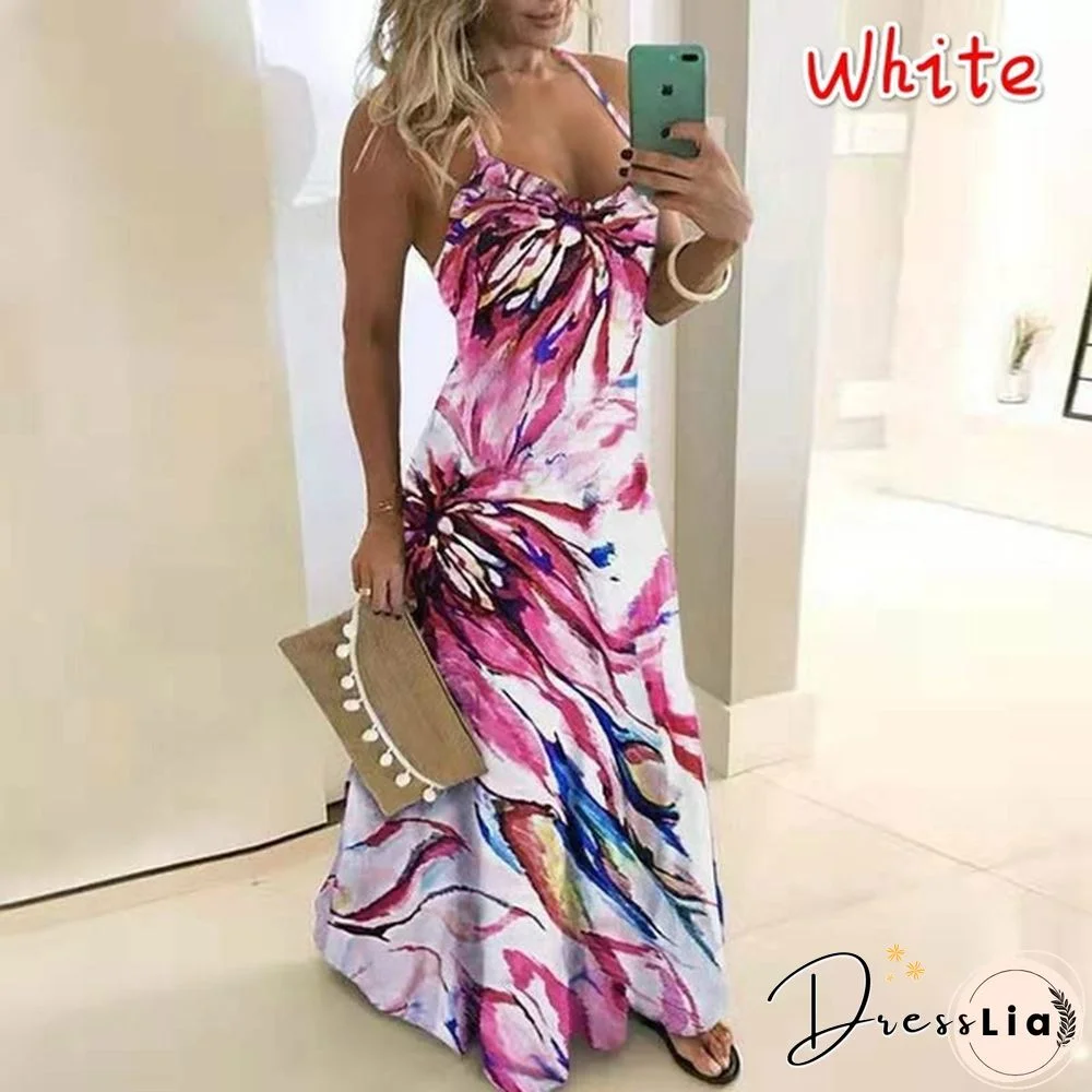 Plus Size Fashion Clothes Summer Dresses Women's Casual Sleeveless Halter Party Dress Ladies Deep V-neck Floral Printed Beach Wear Maxi Dress