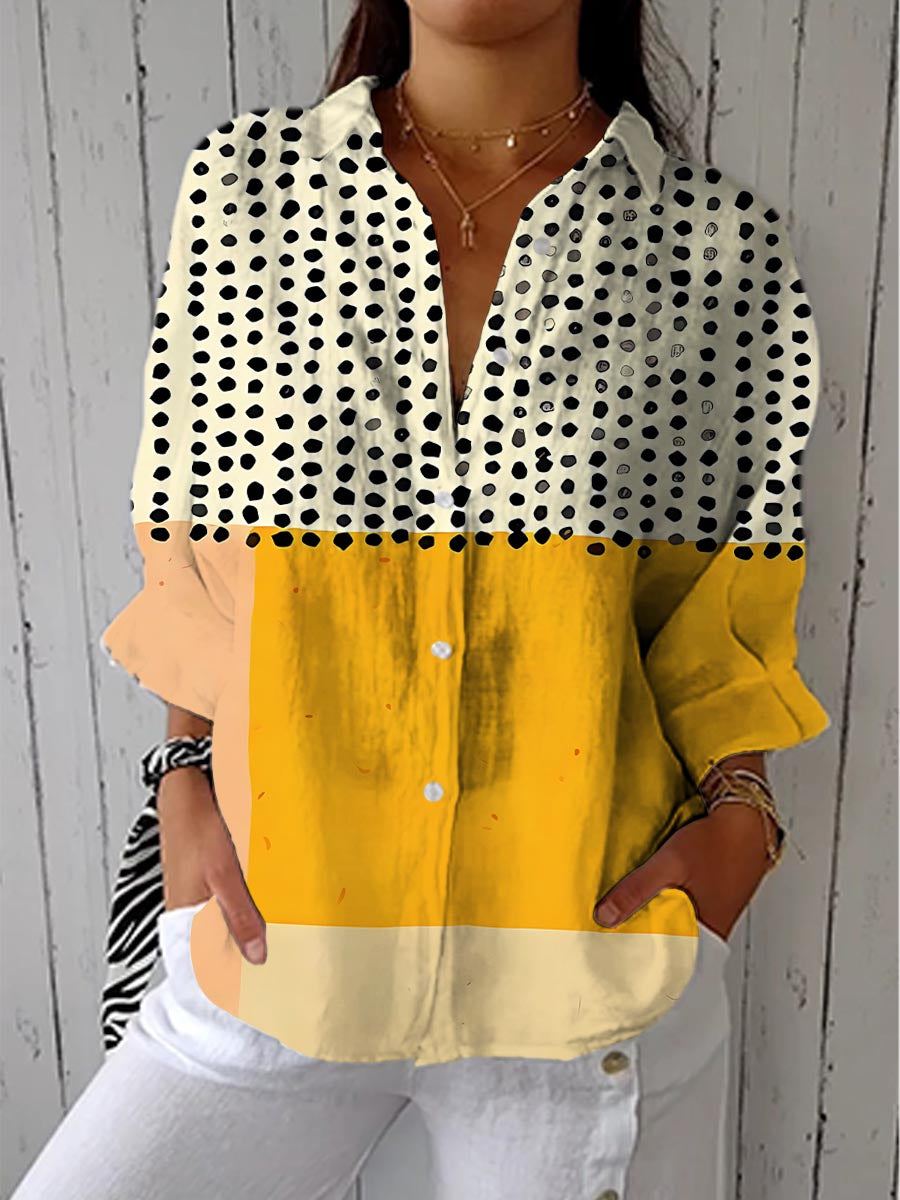 Women's Abstract Dot Pattern Art Print Casual Cotton Linen V-neck Shirt