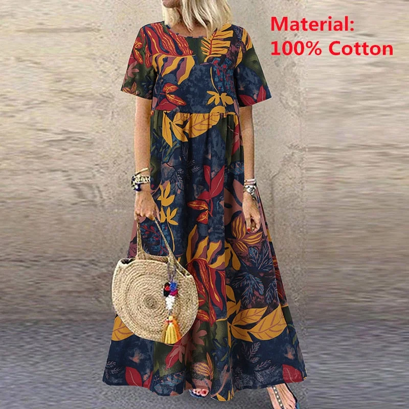 2022 ZANZEA Bohemian Holiday Sundress Summer Women Vintage Floral Printed Short Sleeve Beach Dress Loose Long Vestido Robe Femme