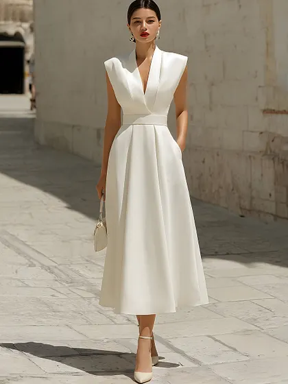 high neck tie waist midi dress Elegant High-neck Tie-waist A-line (with belt) Green Lantern