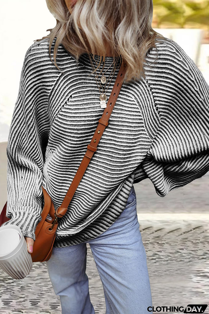 Casual Daily Stripe Texture Contrast O Neck Sweaters(6 Colors)